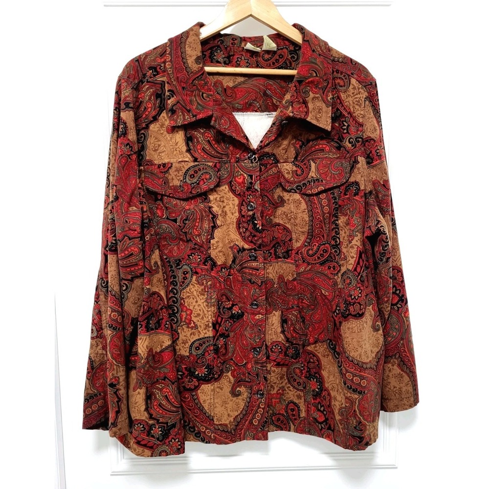 Vtg Red Brown Paisley Micro Suede Button Up Long Sleeve Top Islander Sz 3X